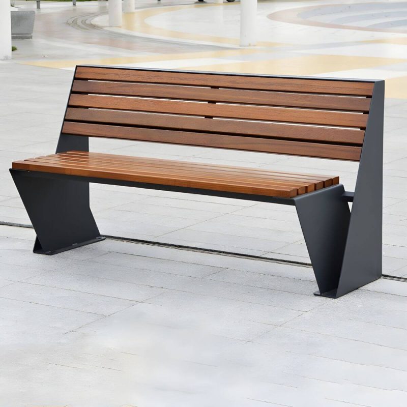 Mid-Century Modern Metall Parkbank mit wasserdichter brauner Sitzfläche und Rücken - Dunkelgrau 79"L x 24"B x 31"H