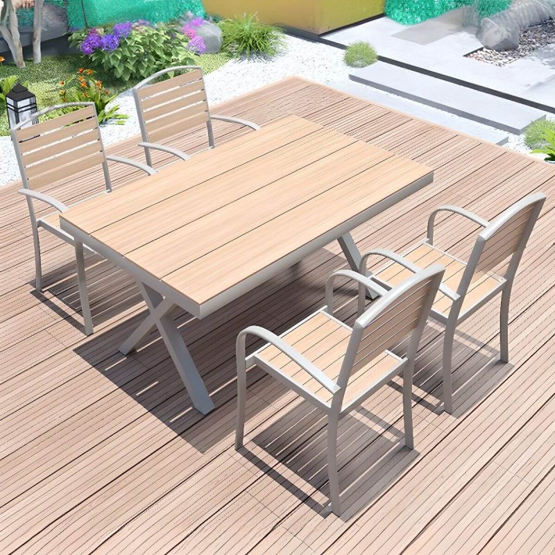 Holzmaserung Outdoor-Esstisch mit Ingenieurholz, wetterfeste 5-teilige Stühle und Tisch, moderner Stil, 51,2"L x 35,4"B x 27,6"H, Tisch & 4 Stühle