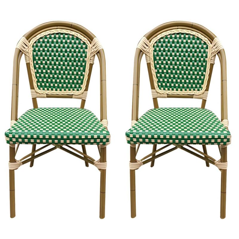 21" Breiter Tropischer Outdoor-Stuhl Rattan Armlehnen Esszimmer Seitenstuhl - Grün 2-teiliges Set