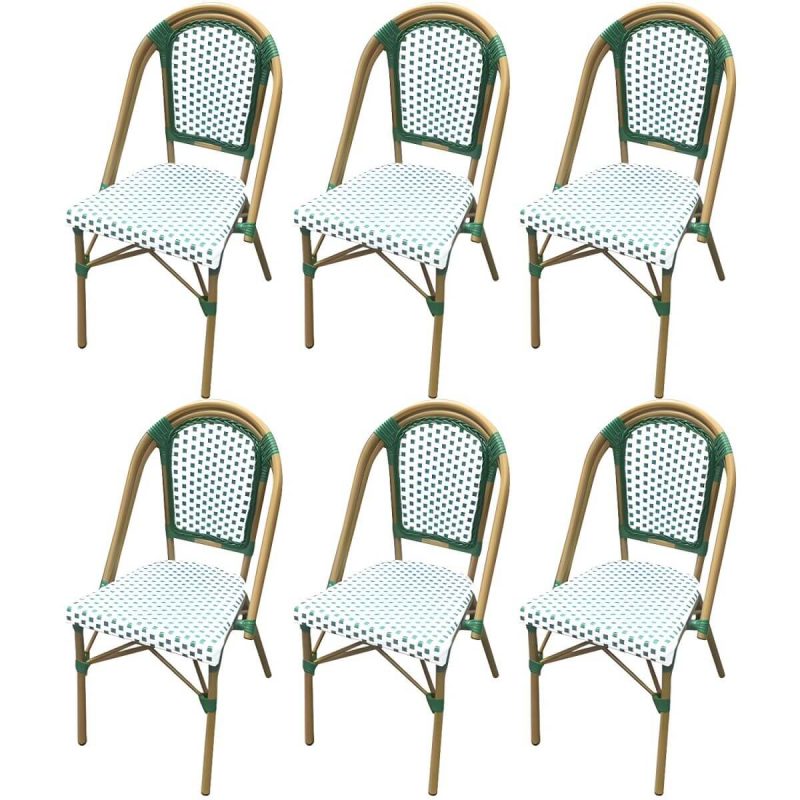21" Breiter Tropischer Outdoor-Stuhl Rattan Armlehnen Esszimmer Seitenstuhl - Weiß / Grün 6-teiliges Set