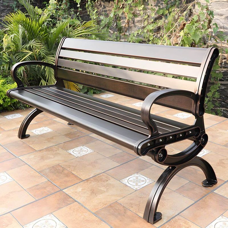Industrielle Metall-Parkbank mit wasserdichter Aluminium-Sitzfläche, Rücken und geschwungenen Armlehnen - Schwarze C-Form 71"L x 23"B x 29"H