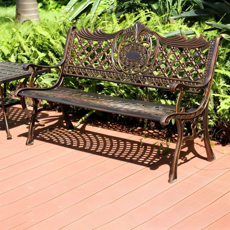 Französischer ländlicher Stil Schnitzdesign Parkbank Metall mit Rückenlehne und Armlehnen - Bronze 51"L x 25"B x 33"H