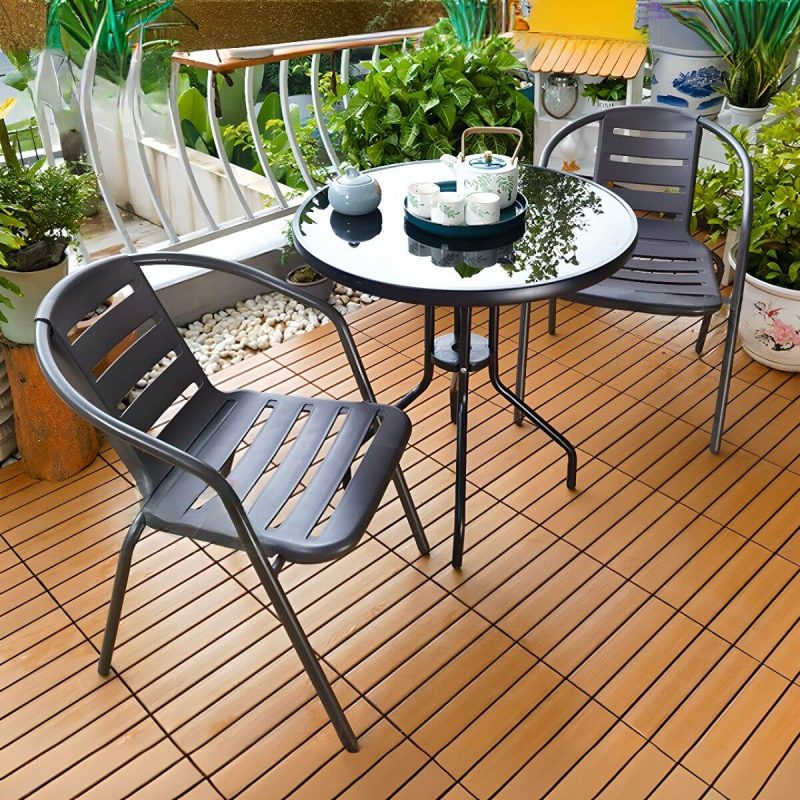 Outdoor Bar-Höhe Esszimmerset mit Gurtlehne, feuerfester runder Vitreous-Tisch, 3-teiliges Set mit Stuhl, 23.6"L x 23.6"B x 28.3"H, Schreibtisch mit 2 Stühlen