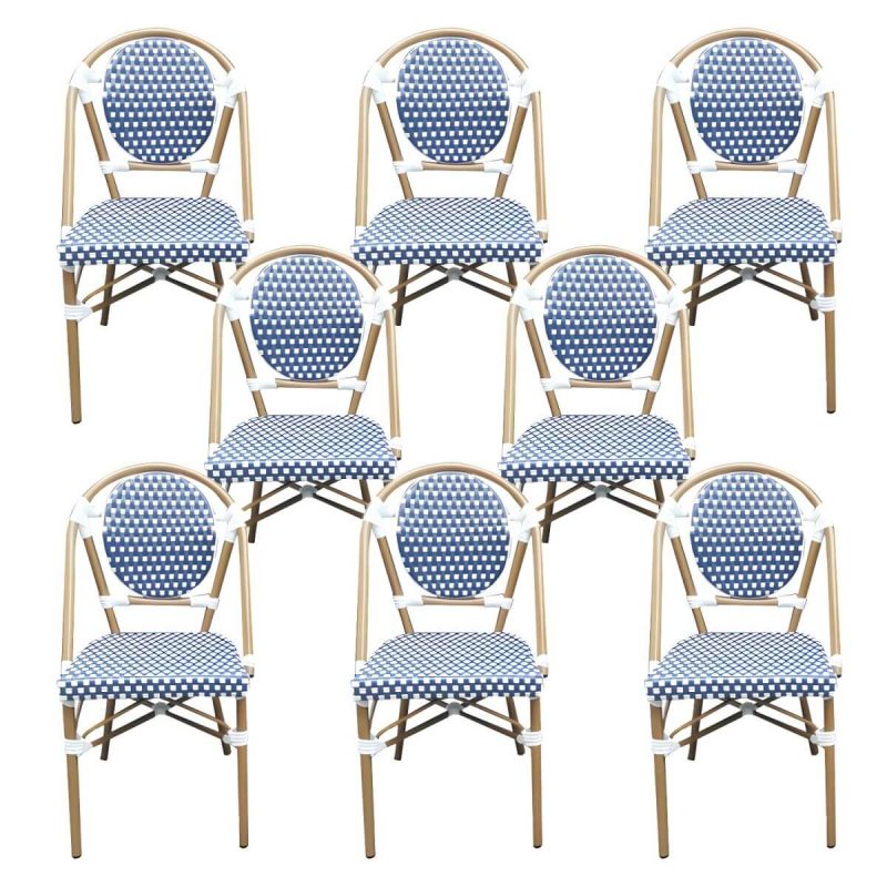 Tropische Outdoor-Bistro-Stühle Rattan Armless Stapelbare Patio-Esszimmerstühle - Blau-Weiß 8-teiliges Set