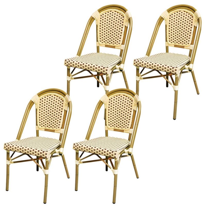 21" Breiter Tropischer Outdoor-Stuhl Rattan Armlehnen Esszimmer Seitenstuhl - Weiß/ Braun 4-teiliges Set