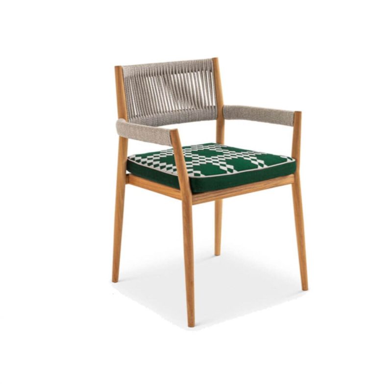 Minimalistischer Grüner Bezogener Teak Outdoor Armlehnenstuhl mit Kissen - Rostbeständig, 1 Stuhl, 23"L x 24"B x 32"H