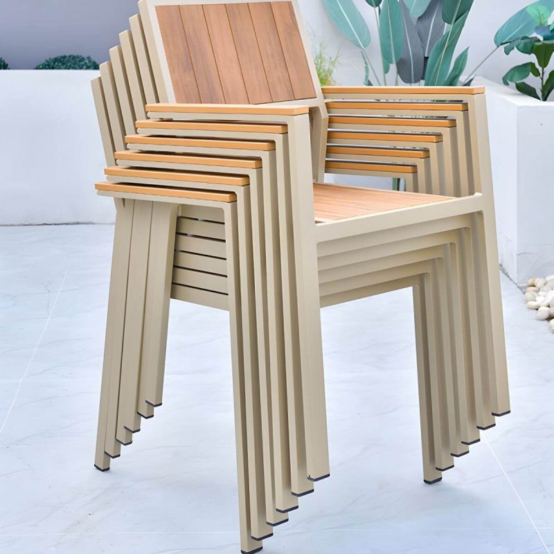 Metallische Outdoor-Esszimmerstühle Moderne stapelbare Patio-Esszimmerstühle wasserabweisend - Natürliche Finish 8-teiliges Set