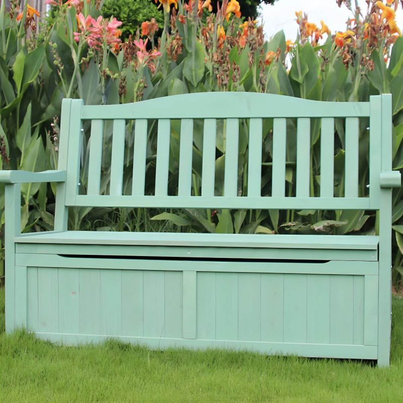 Skandinavische Outdoor-Sitzbank aus Massivholz in Hellgrün mit Stauraum 48,8" x 25,2" x 35" - Holzfarbe