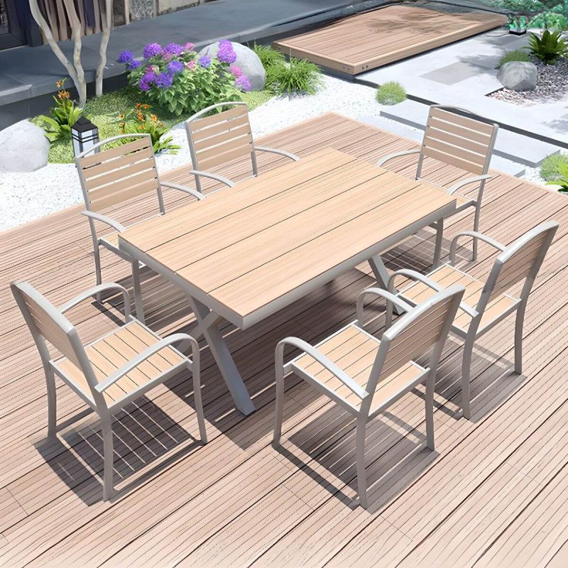 Holzmaserung Outdoor-Esstisch mit Ingenieurholz, 7-teiliges Set, wetterfester Stuhl und Tisch, moderner Stil, 51,2"L x 35,4"B x 27,6"H, Tisch & 6 Stühle