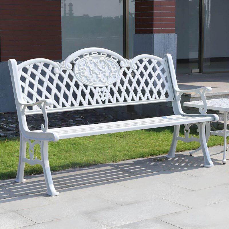 Moderner Metall-Parkbank-Stil mit Beinen, wasserbeständig für den Außenbereich - Weiß 59"L x 24"B x 34"H