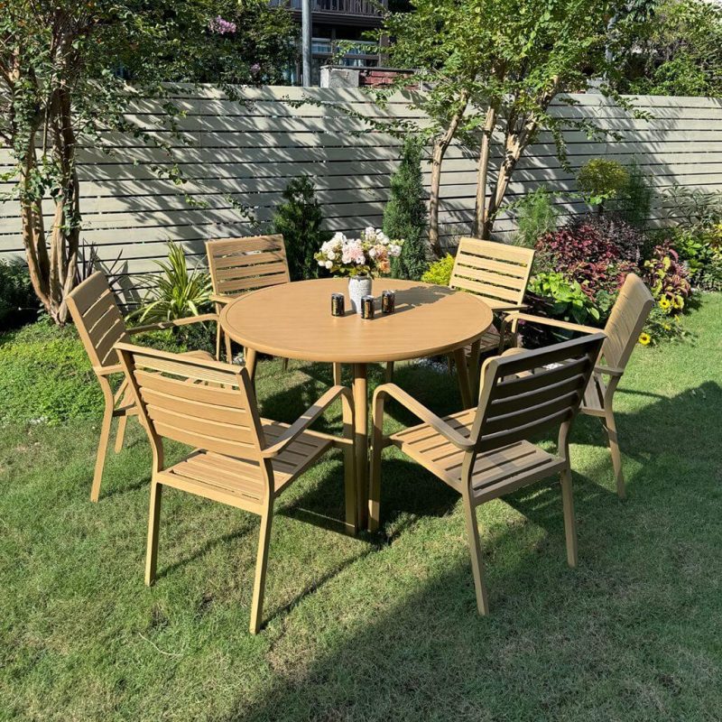 Natürliche Farbe Outdoor-Essgruppe mit Legierungssitz, flammhemmend 7-teiliges Set Stuhl, einfacher Tisch, 47,2"L x 47,2"B x 29,1"H, Tisch & 6 Stühle