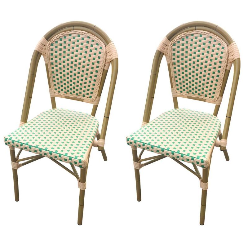 21" Breiter Tropischer Outdoor-Stuhl Rattan Armlehnen Esszimmer Seitenstuhl - Grün/ Weiß 2-teiliges Set