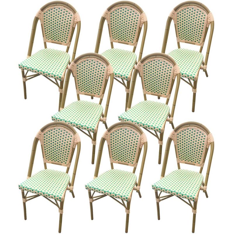 21" Breiter Tropischer Outdoor-Stuhl Rattan Armlehnen Esszimmer Seitenstuhl - Grün/ Weiß 8-teiliges Set