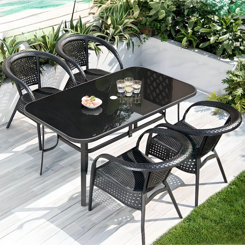 Outdoor-Esstisch mit Polymer-Verbundsitzen, wetterfeste Tintentischplatte, 5-teiliges modernes Set mit Stühlen und Tisch, Schwarz, 59"L x 35"B x 28"H, Tisch & 4 Stühle