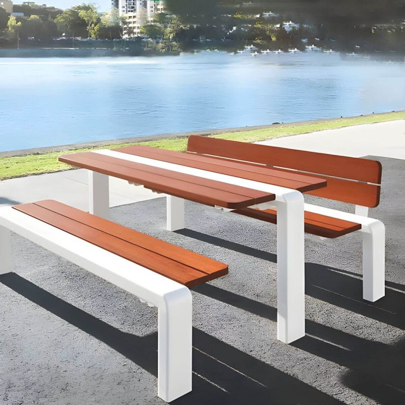 Wasserfeste Mid-Century Modern Parkbank mit Edelstahlrahmen und Kupferholz-Sitz - 79"L x 19"B x 31"H