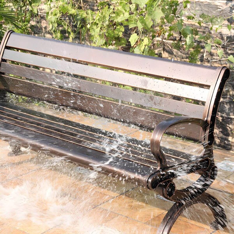 Industrielle Metall-Parkbank mit wasserdichter Aluminium-Sitzfläche, Rücken und geschwungenen Armlehnen - Rotbraune C-Form 59"L x 23"B x 29"H