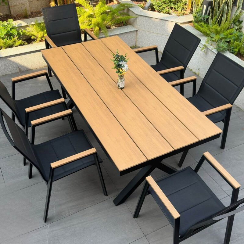 Stoff Outdoor-Essgruppe in Naturfarbe, 7-teiliges Set, wetterfest mit Stuhl, einfacher Stil & Tisch, Schwarz, 70.9"L x 35.4"B x 29.5"H, Tisch & 6 Stühle