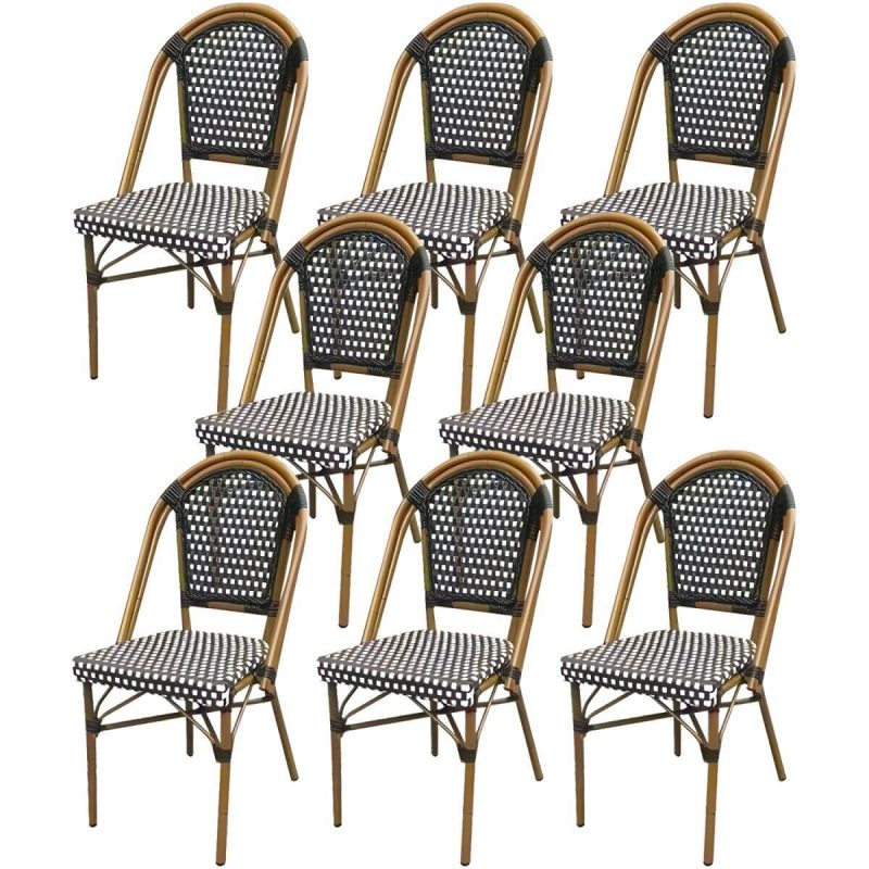 21" Breiter Tropischer Outdoor-Stuhl Rattan Armlehnen Esszimmer Seitenstuhl - Schwarz/ Weiß 8-teiliges Set