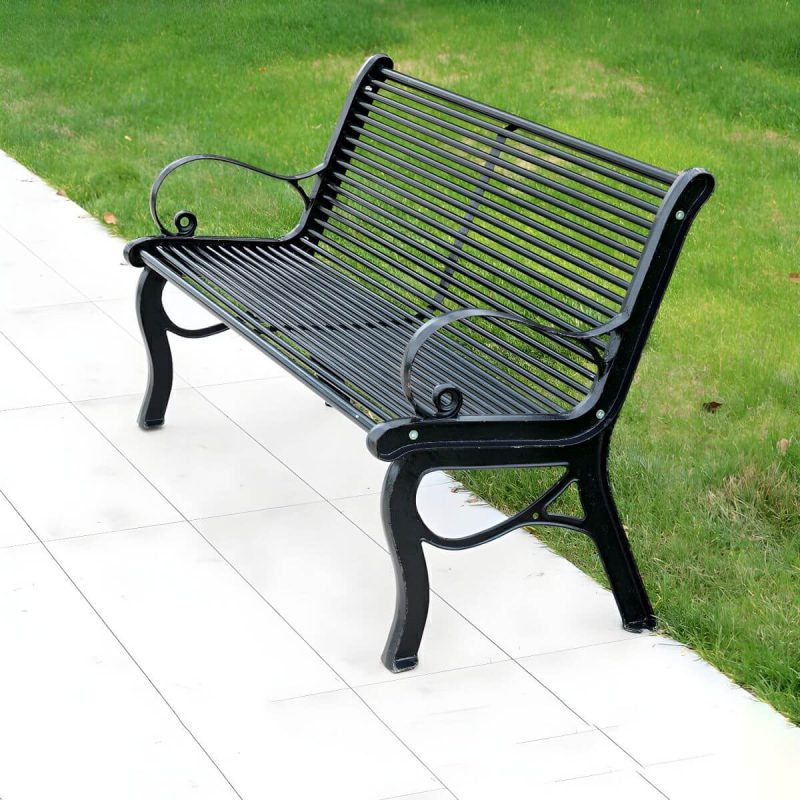 "Industrial Park Bench with Waterproof Steel Seating in Black - Water Resistant and Non-Foldable" - 47"L x 24"B x 32"H