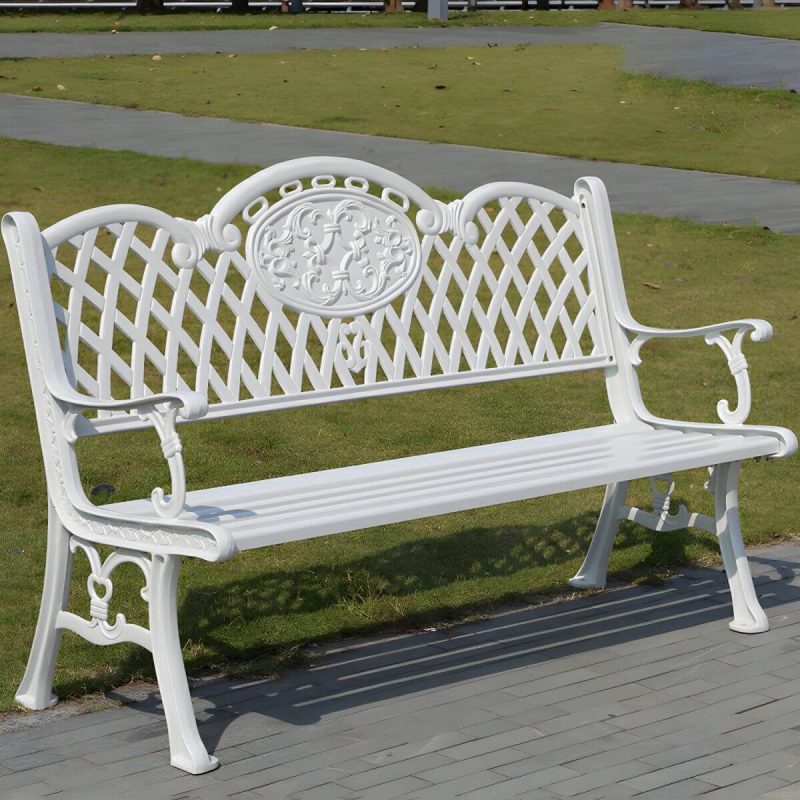 Bohemian Metall Parkbank mit wasserdichtem Design und geschwungenen Armlehnen - Weiß 59"L x 26"B x 35"H