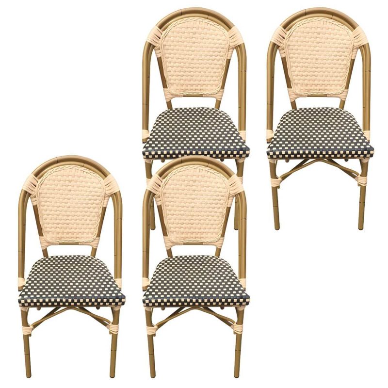 21" Breiter Tropischer Outdoor-Stuhl Rattan Armlehnen Esszimmer Seitenstuhl - Schwarz Weiß 4-teiliges Set