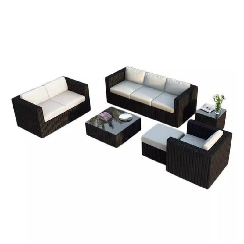 6-teilige Outdoor-Sofagruppe mit Canvas-Glastischplatte, weißer Polsterung, Midnight Black Loveseat und Stuhl, 6 Teile (Stuhl&Loveseat&3-Sitzer Sofa&Tee-Tisch&Beistelltisch&Ottomane)