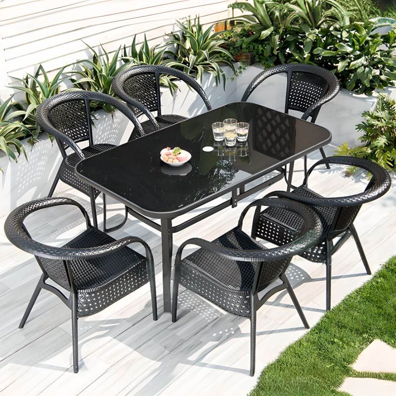Outdoor-Esstisch mit Polymer-Verbundsitzen, 7-teiliges Set wetterfeste Tintentischplatte, modernes Design mit Stühlen und Tisch, Schwarz, 59"L x 35"B x 28"H, Tisch & 6 Stühle