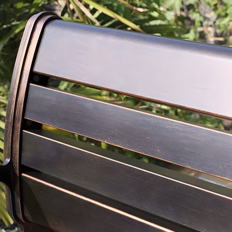 Industrielle Metall-Parkbank mit wasserdichter Aluminium-Sitzfläche, Rücken und geschwungenen Armlehnen - Schwarzer Sockel 71"L x 23"B x 29"H