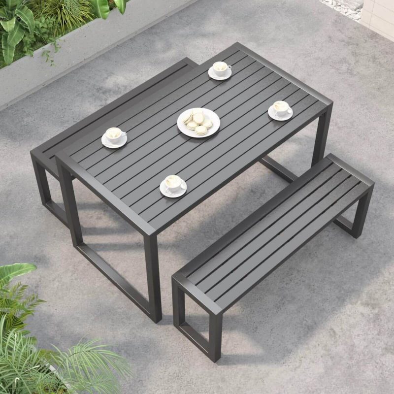 Patio-Esstisch mit Eisenrahmen, hellbraune rechteckige Platte im einfachen Stil, 55,1"L x 27,6"B x 29,5"H, Nur Tisch