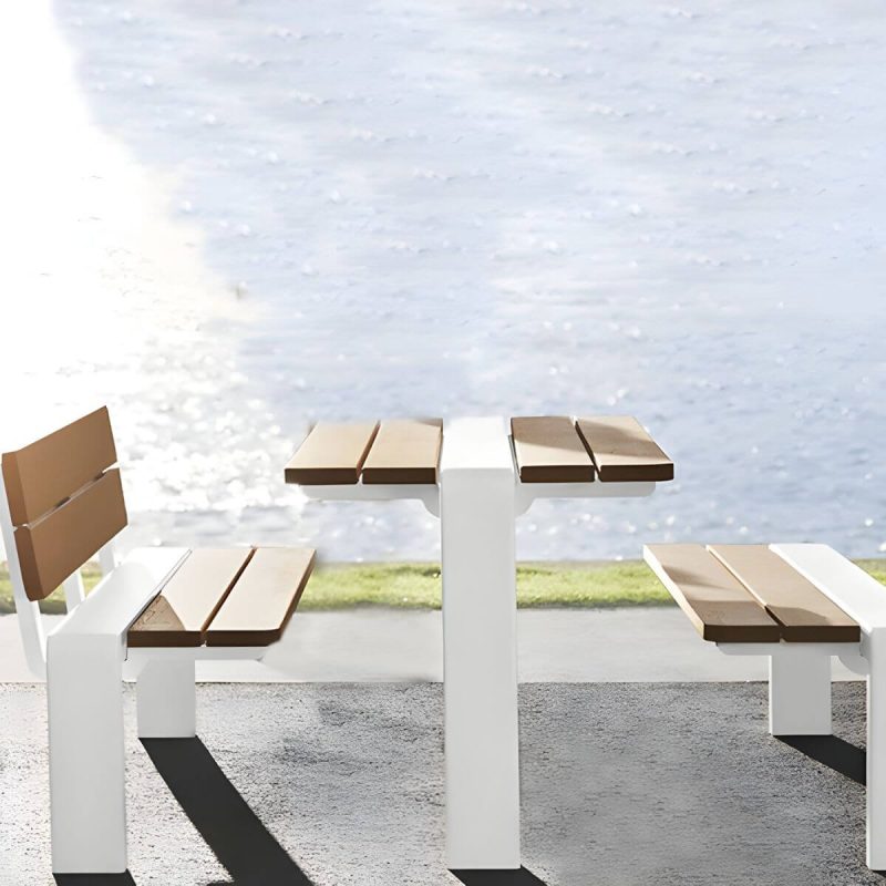 Wasserfeste Mid-Century Modern Parkbank mit Edelstahlrahmen und Kupferholz-Sitz - 47"L x 16"B x 18"H