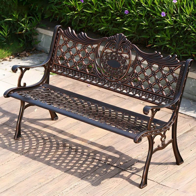 Bohemian Metall Parkbank mit wasserdichtem Design und geschwungenen Armlehnen - Schwarz 51"L x 25"B x 33"H