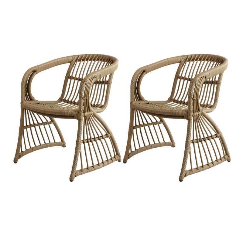 Stapelbare Metall-Patio-Armlehnenstuhl im modernen Stil, brauner Rahmen, Rattan-Rücken - 2-teiliges Set