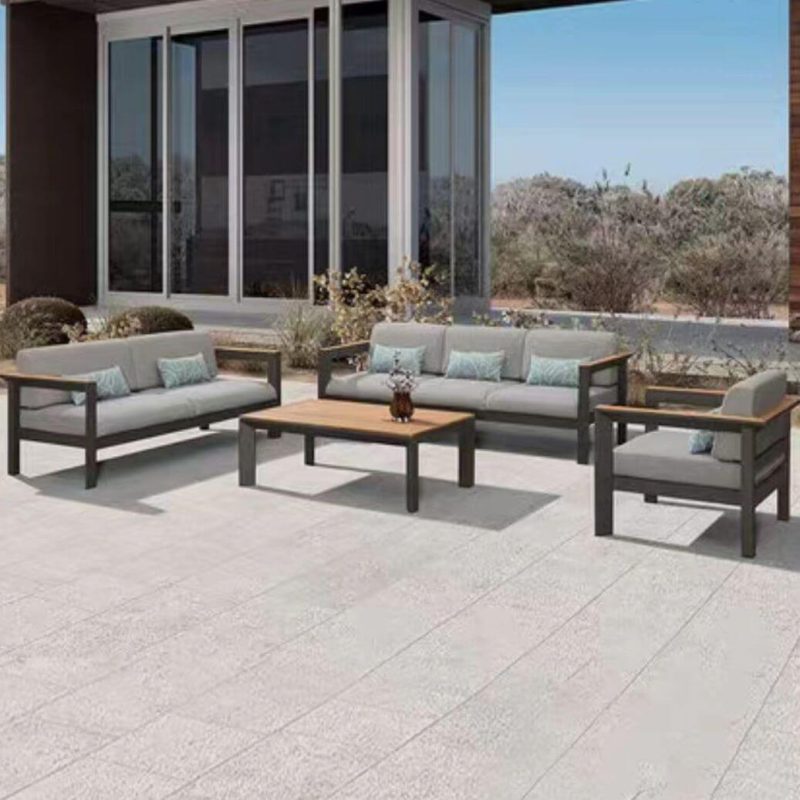 4-teiliges Set Canvas-Graue Patio-Sofa-Sitzgruppe mit Azurblauem Kissen, Auburn-Holztisch und Zweisitzer, 4-teiliges Set (1 Stuhl & 1 Zweisitzer & 1 3-Personen-Sofa & 1 Couchtisch)