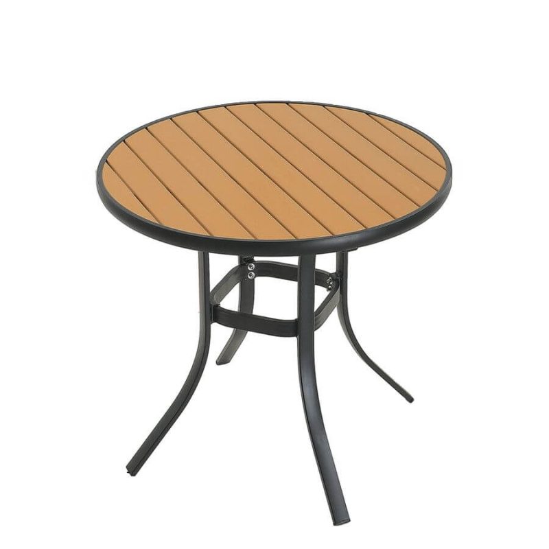 Minimalistisches Holzmaserung Aufbereitetes Holz Sonnenbeständiges Rundes Patio-Esstisch, Ohne Stühle, 31.5"L x 31.5"B x 28.7"H, Holz-Schwarz, Sonnenschirm Loch Nicht Enthalten
