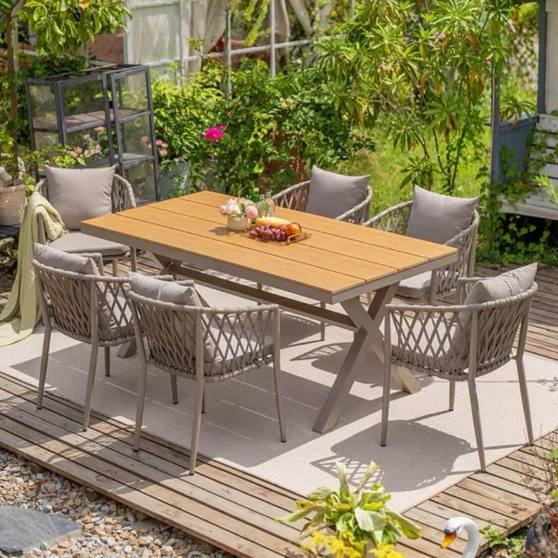 Gepolstertes Outdoor-Essset, 7-teiliges Set in natürlicher Farbe, wetterfest mit Stuhl, einfachem Tisch, 70,9"L x 35,4"B x 29,5"H, Tisch & 6 Stühle