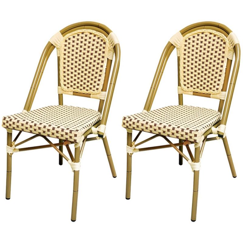 21" Breiter Tropischer Outdoor-Stuhl Rattan Armlehnen Esszimmer Seitenstuhl - Weiß/ Braun 2-teiliges Set
