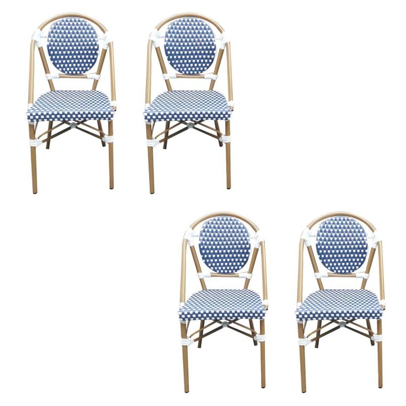 Tropische Outdoor-Bistro-Stühle Rattan Armless Stapelbare Patio-Esszimmerstühle - Blau-Weiß 4-teiliges Set