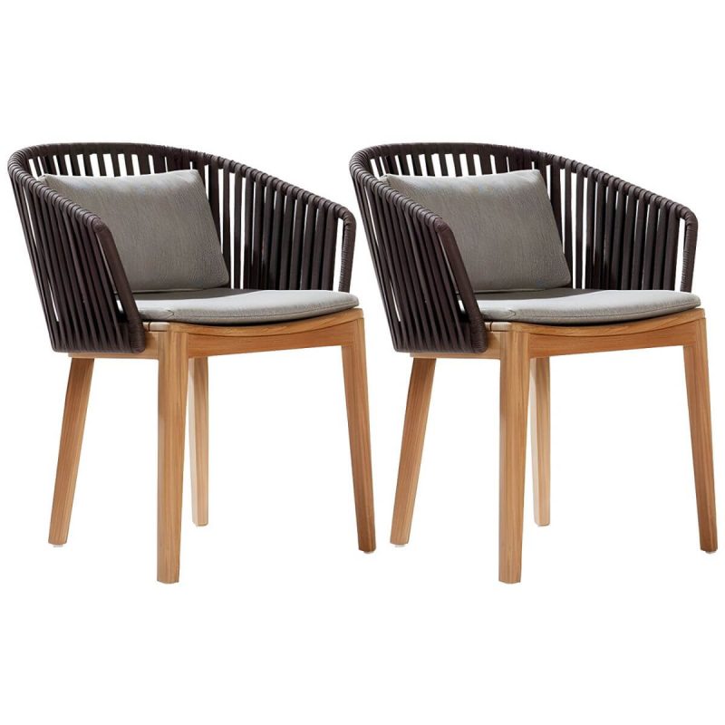 Tropischer Patio-Esszimmer-Armlehnsessel in Braun mit natürlicher Holzbasis - Teak PE geflochtenes Rattan 2-teiliges Set