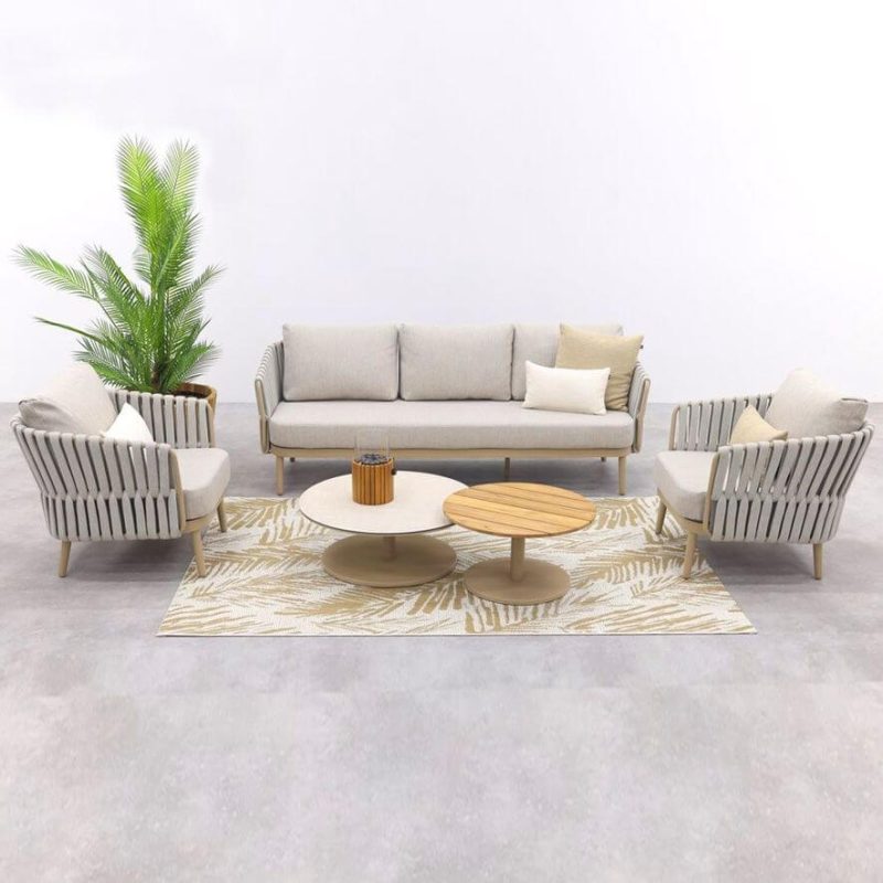 Elfenbein 2 Tische, 5-teilige Outdoor-Sofagruppe, 5 Teile (2 1-Sitzer & 3-Sitzer & Sinterstein/Massivholz-Tische)