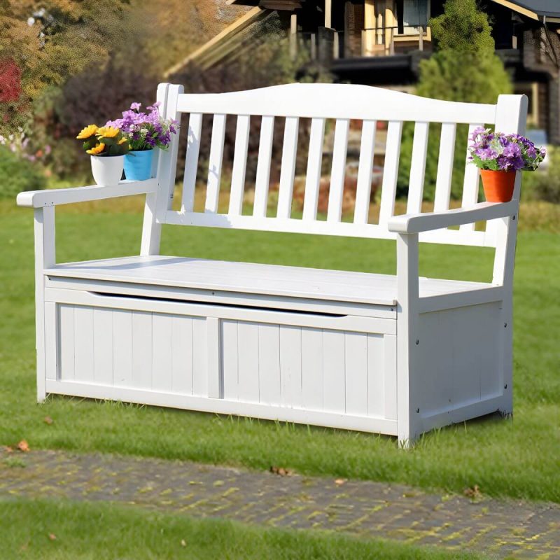 Skandinavische Outdoor-Sitzbank aus Massivholz in Hellgrün mit Stauraum 48,8" x 25,2" x 35" - Weiß