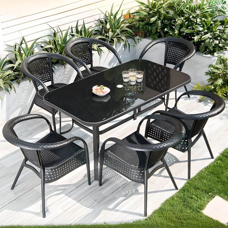 Outdoor-Esstisch mit Polymer-Verbundsitzen, 7-teiliges Set wetterfeste Tintentischplatte, modernes Design mit Stühlen und Tisch, Schwarz, 47"L x 31"B x 28"H, Tisch & 6 Stühle