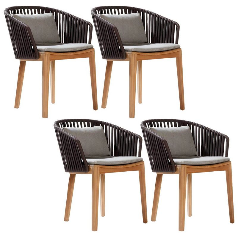 Tropischer Patio-Esszimmer-Armlehnsessel in Braun mit natürlicher Holzbasis - Teak PE geflochtenes Rattan 4-teiliges Set