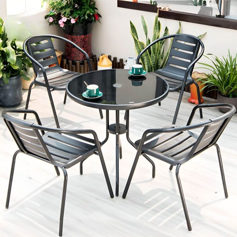 Outdoor Esszimmerset mit Gurtlehnenstuhl, feuerfester Vitreous runder Tisch, 5-teilig, 27.6"L x 27.6"B x 28.3"H, Tisch & 4 Stühle