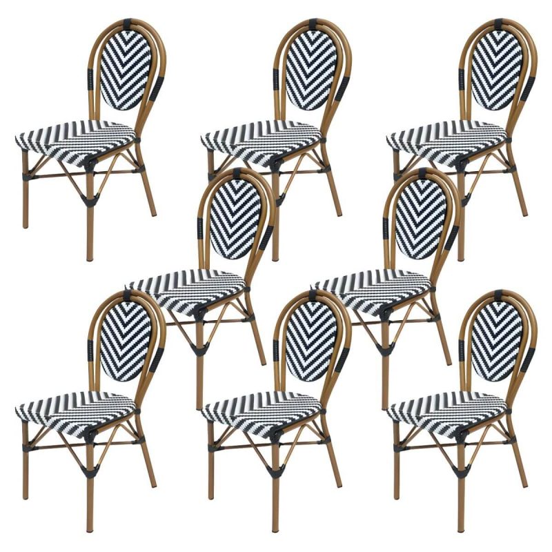 Tropische Outdoor-Bistro-Stühle Rattan Armless Stapelbare Patio-Esszimmerstühle - Schwarz-Weiß 8-teiliges Set