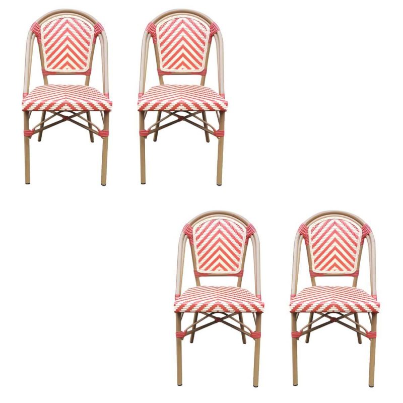Tropische Outdoor-Bistro-Stühle Rattan Armless Stapelbare Patio-Esszimmerstühle - Rosa-Weiß 4-teiliges Set