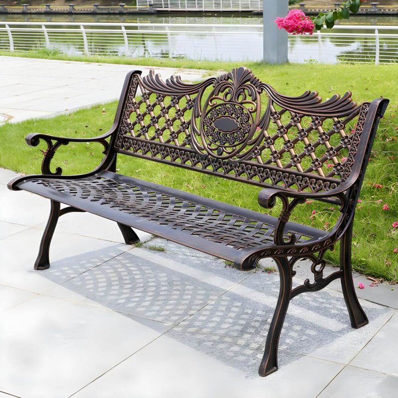 Moderne Metall-Gartenbank mit Beinen, wasserbeständig für den Außenbereich - Bronze 51"L x 25"B x 33"H