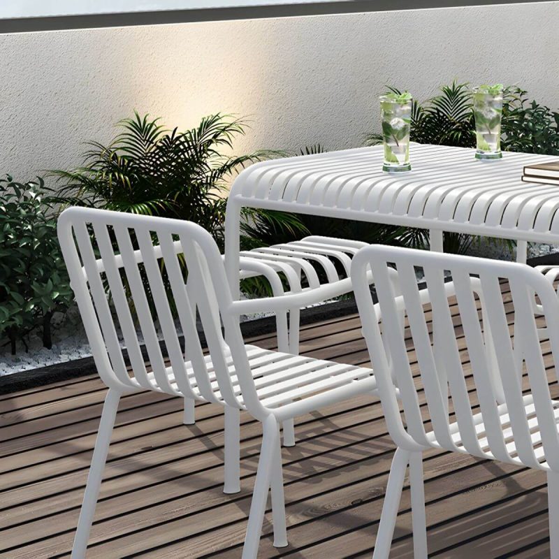 Weißer Metall-Patio-Tisch im zeitgenössischen Stil, wasserbeständig für den Außenbereich - Nur Tisch 140 cm L x 70 cm B x 75 cm H Rechteckig