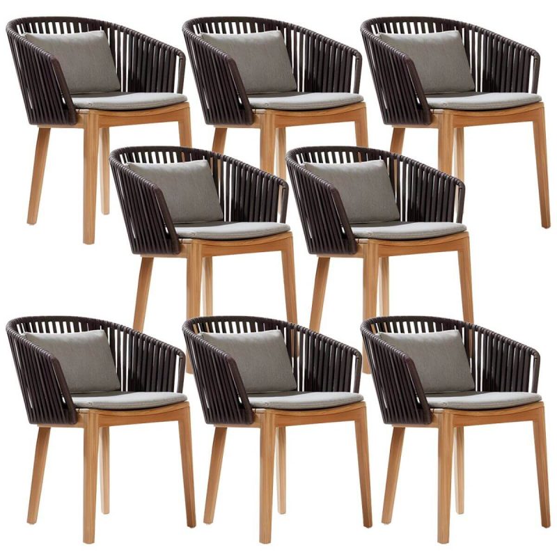 Tropischer Patio-Esszimmer-Armlehnsessel in Braun mit natürlicher Holzbasis - Teak PE geflochtenes Rattan 8-teiliges Set