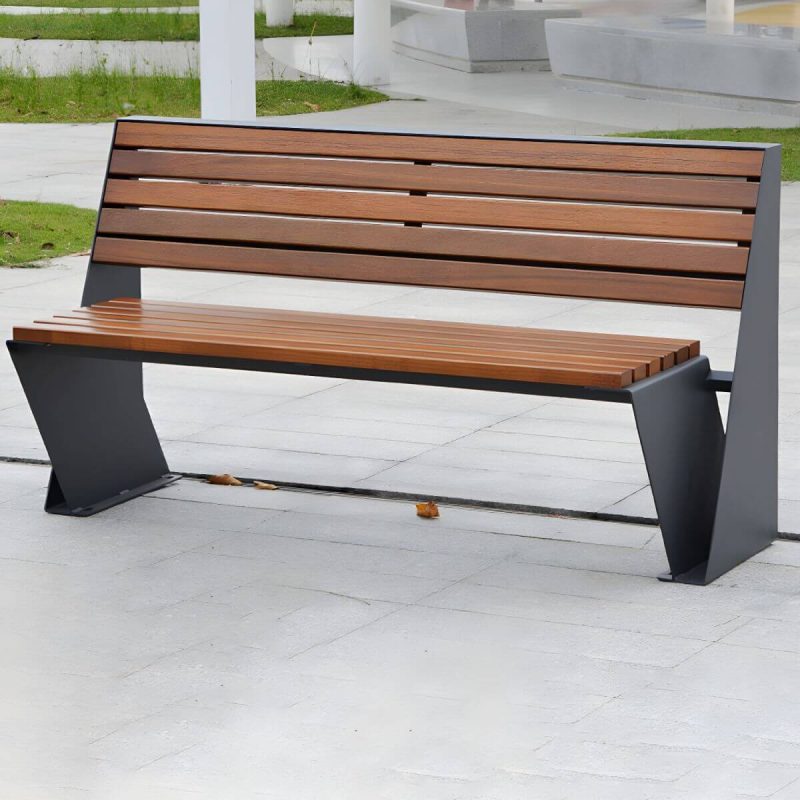 Mid-Century Modern Metall Parkbank mit wasserdichter brauner Sitzfläche und Rücken - Dunkelgrau 79"L x 24"B x 31"H