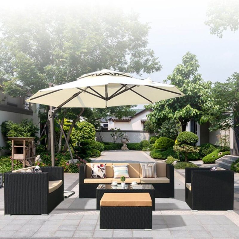 Outdoor-Sofa-Sitzgruppe mit Canvas-Polsterung, Vitreous-Tisch, weißem Sofa, 4-teiliges Set in Mitternachtsschwarz, Stuhl enthalten, 4-teiliges Set (2 Stühle & 1 3-Personen-Sofa & 1 Couchtisch)